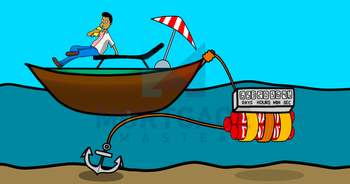 Illustration of someone relaxing on a boat with a timed explosive attached to the anchor