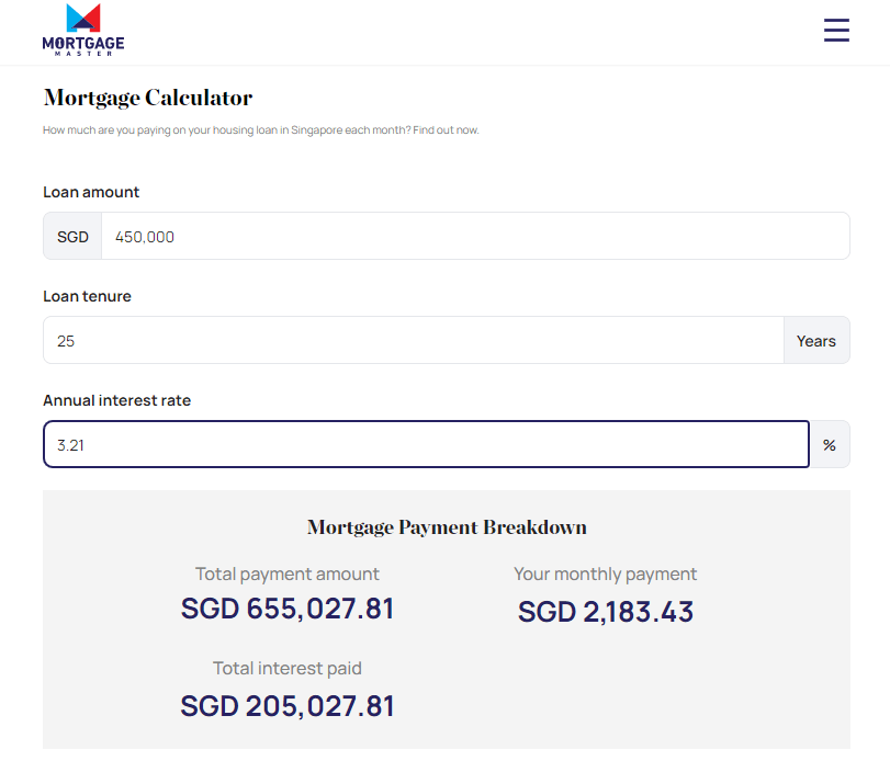 Mortgage Calculator result showing a $450k loan over 25 years results in a $2k monthly repayment