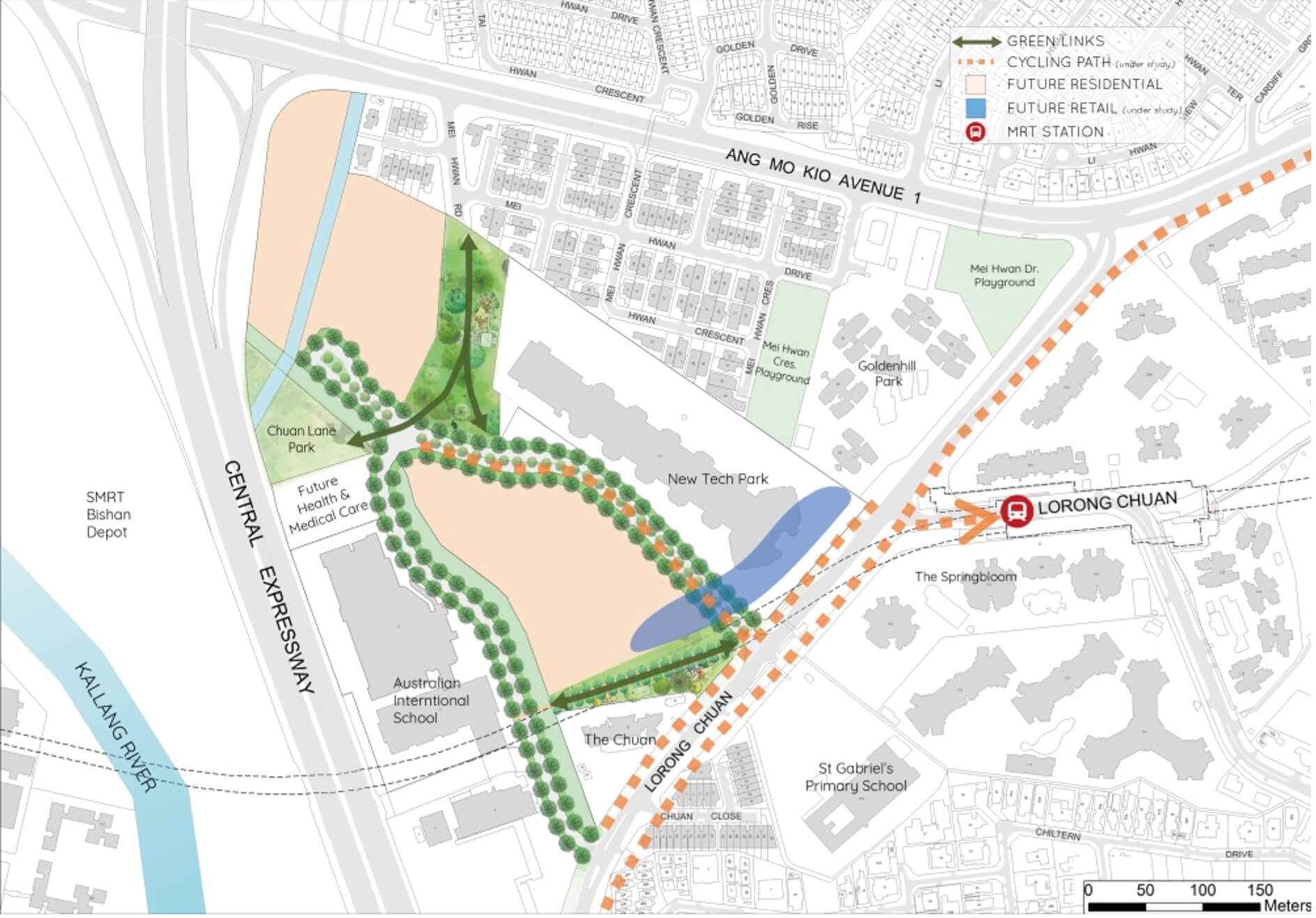 Map showing Pedestrian and Cyclist Connectivity through the new Lorong Chuan precinct
