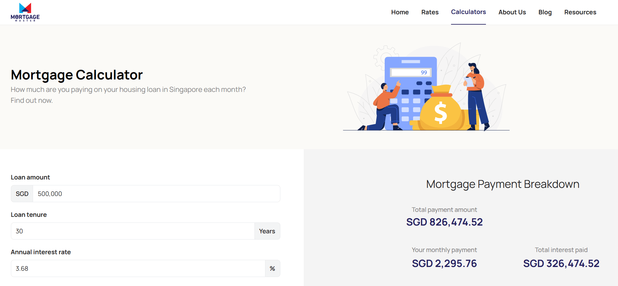 Screenshot of online mortgage calculator